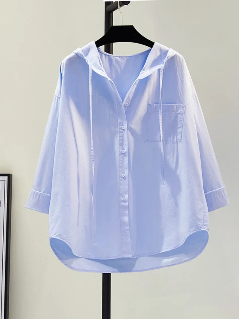 White Women's Blouse in Soft Cotton with Hood, Casual Relaxed Fit for Everyday Comfort and Style-1