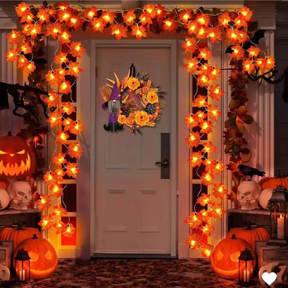 LED String Lights Maple Leaf Garland Halloween Fall 2025 Decor Warm Amber Glow Doorway Accent Lighting