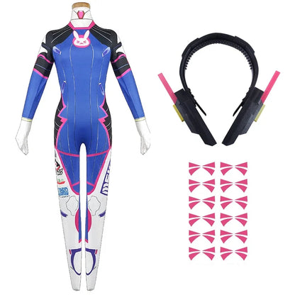 Overwatch DVa Meka Pilot Zentai Jumpsuit Cosplay Costume Set with Wig Headphones and Gun Props 2026