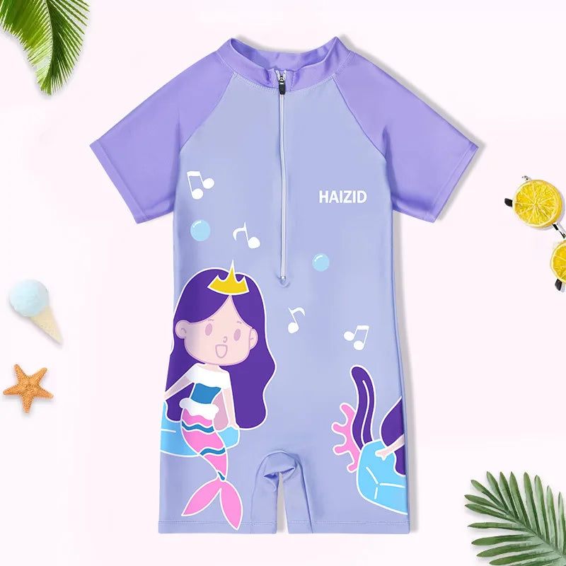 Quick-dry durable kids' one-piece swimsuit - cartoon print, polyester, for swimming