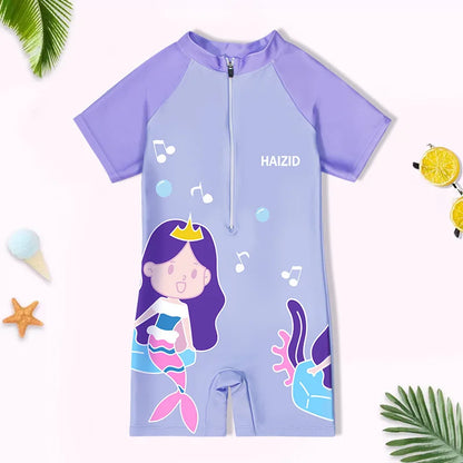 Quick-dry durable kids' one-piece swimsuit - cartoon print, polyester, for swimming