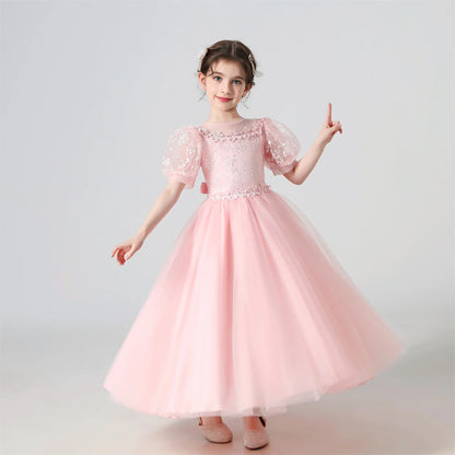 Soft Girls' Dress - Flowy Princess-Cut Lace-Embroidery, Polyester, Wedding Party