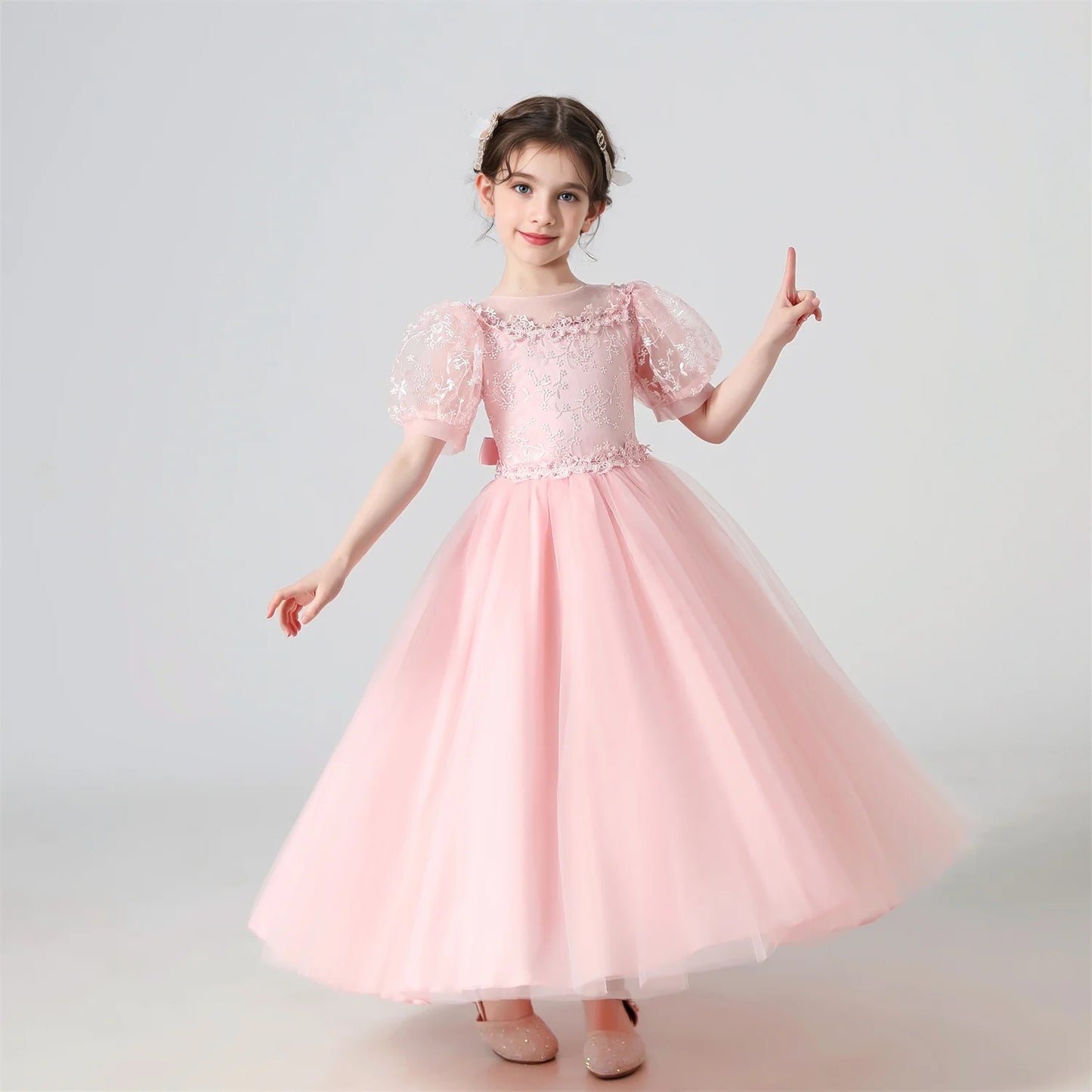 Soft Girls’ Lace-Embroidered Princess Dress - Puff Sleeve, Polyester, For Weddings and Parties