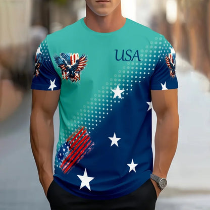 Soft men's tee - relaxed fit, 3D print patriotic eagle and flag graphic, casual wear