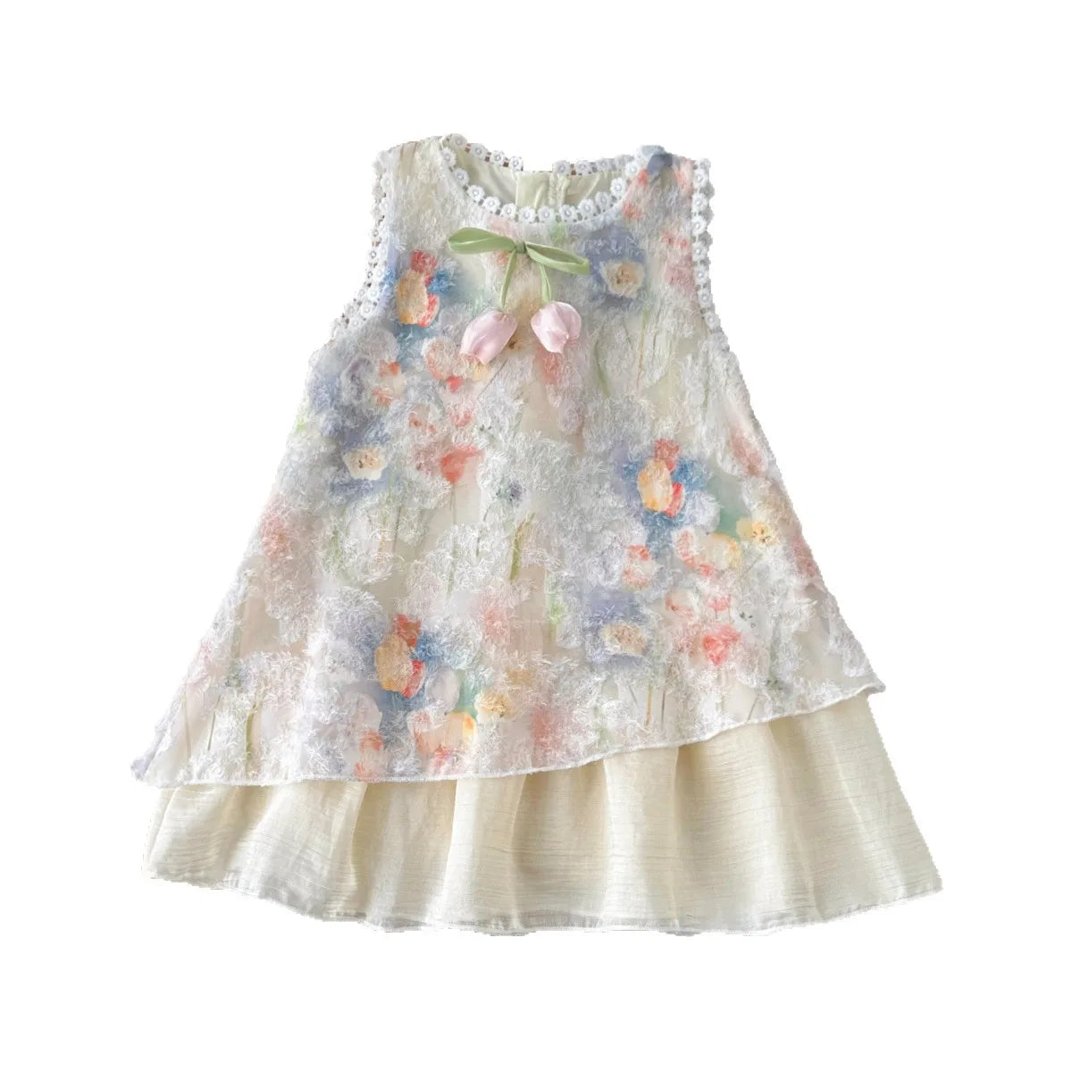 Weiches Mädchenkleid - Ärmelloses Kleid mit Blumenmuster und Schleife, Baumwoll-Polyester-Mischung, Lässige Sommerkleidung