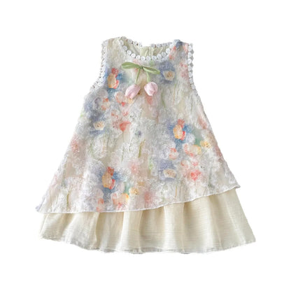 Weiches Mädchenkleid - Ärmelloses Kleid mit Blumenmuster und Schleife, Baumwoll-Polyester-Mischung, Lässige Sommerkleidung