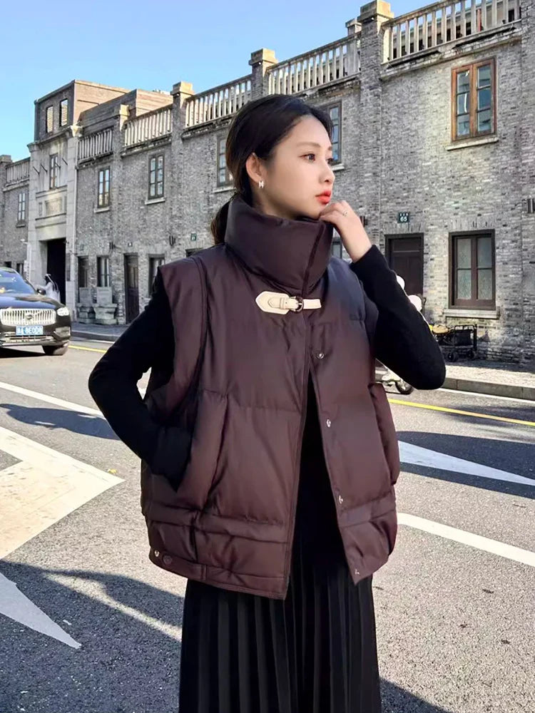 Warm Women’s Down Vest - Cropped Boxy, PU, Winter Layering