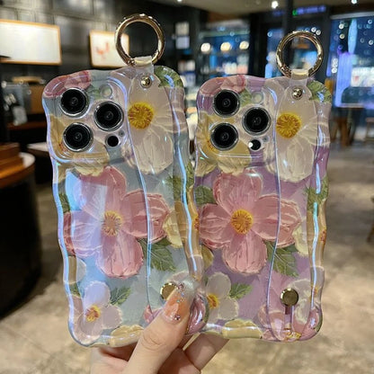 Oil Painting Flower Phone Case for iPhone 15 14 13 12 11 Pro Max with Wrist Band and Kickstand