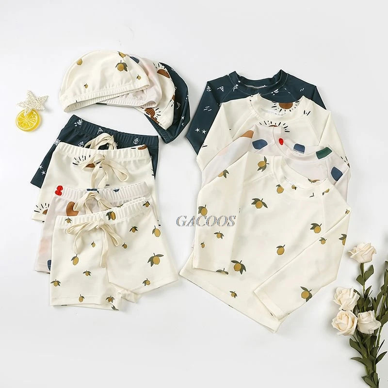 Hurtigtørrende unisex baby badetøj 2-delt sæt – langærmet rashguard top, shorts, polyester, sommerstrandtøj