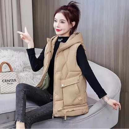Warm Cozy Women Puffer Vest - Hooded Midlength, Winter