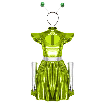 Zilverkleurige metallic astronauten-alien-tutu-jurk voor vrouwen, cosplayruimtecadetromper, Halloweenfeestjurk 2026
