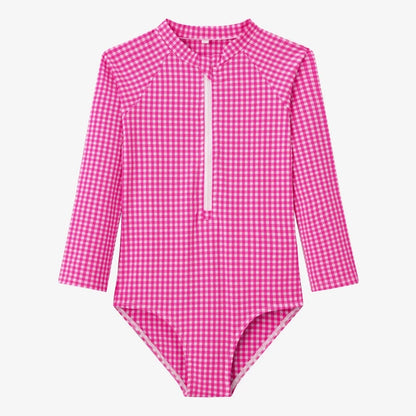 Quick-Dry Unisex Kids Swimsuit - One-Piece Gingham Plaid, Polyester, For Summer Vacation