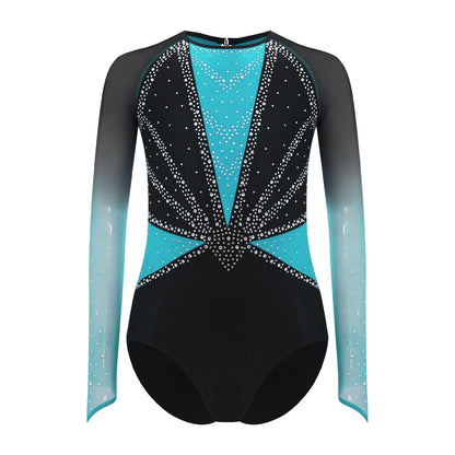 Strækbar pige dragt - flatterende, rhinsten-detaljeret, langærmet, mesh-panel, polyester elastan, til gymnastik