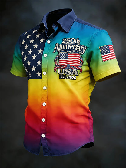 Soft Men's Hawaiian Shirt - Casual Short-Sleeve, 250th Anniversary USA Flag Design, Fourth Of July