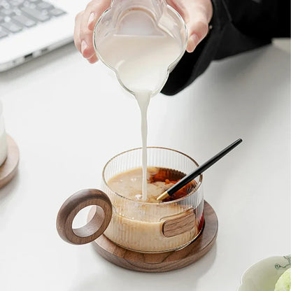 Koffiemokset 250ml Glas Met Houten Handvat, Dienblad En Lepel, Geribbelde Theekop Informeel Herfst 2025 Gezellig Cadeau