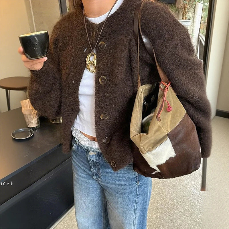 Warm Women’s Button-Up Cardigan - Waist Length Wool Mohair