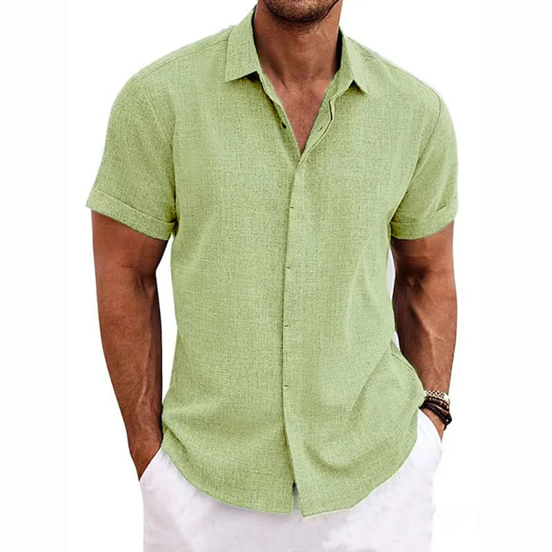 Fashionable Polo Collar Solid Color Shirt - Short Sleeve V-Neck Casual Cotton Linen Top