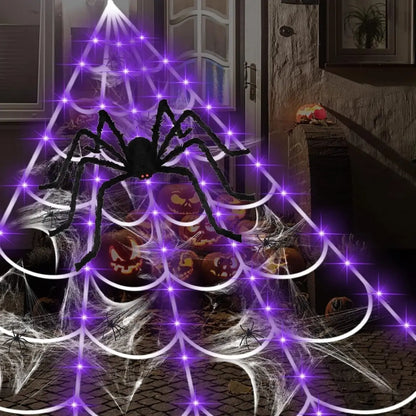 Halloween-spinnenweb met LED-verlichting en realistische enorme spin voor buiten, huis- en tuindecoratie 2026