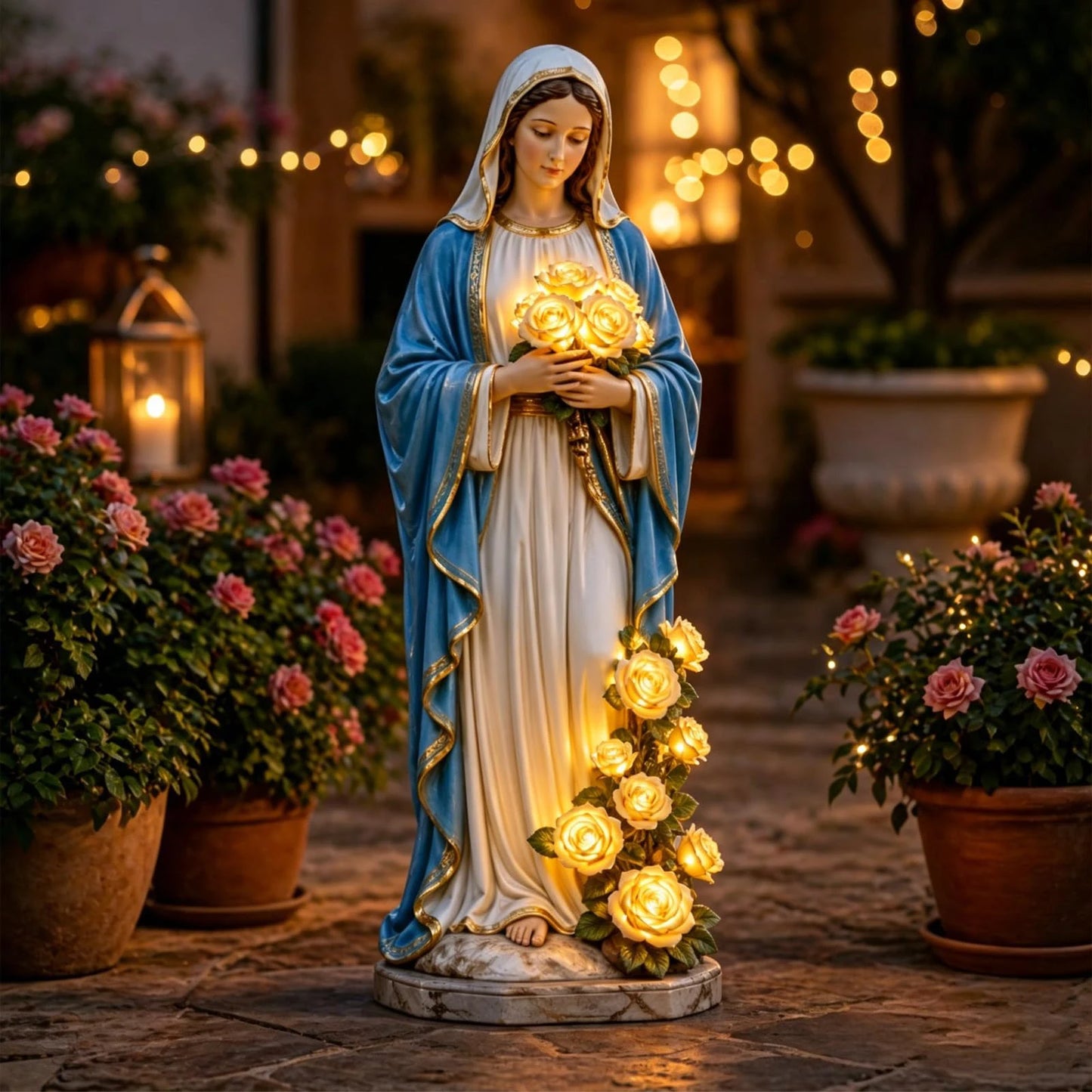 Virgin Mary Statue 7.87 Inch Outdoor Resin Garden Decor With Lighting Roses Religious Figurine Mother's Day Gift