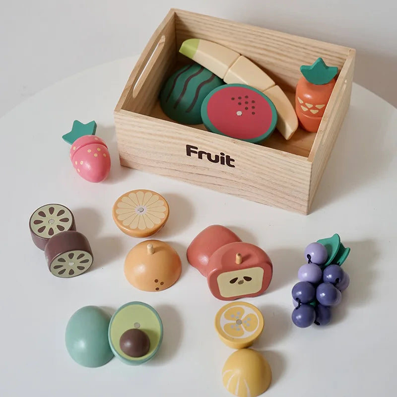 Set da gioco da cucina per bambini in legno con accessori per tagliare alimenti - Frutta, verdura e giocattoli da forno