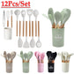 12-Piece Heat-Resistant Silicone Kitchen Utensil Set with Wooden Handles & Storage Bucket - Ideal Cooking Tools for Home Chefs