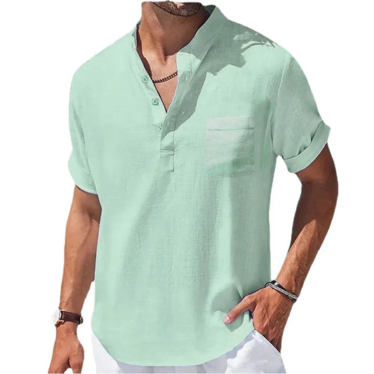 Men's Summer Shirt, Breathable Cotton and Linen Blend with Henry Collar, Lightweight and Casual Fit-1