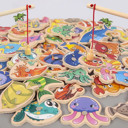 Interactive Montessori Wooden Fishing Game - Magnetic Marine Life Learning Toy for Kids, Parent-Child Engagement, Eco-Friendly Design