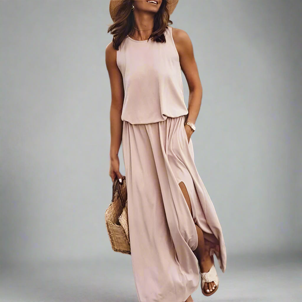 Vår/Sommer Kvinne Trendy Retro Uten Ermer Kjole, Ensfarget To-Delt Sett