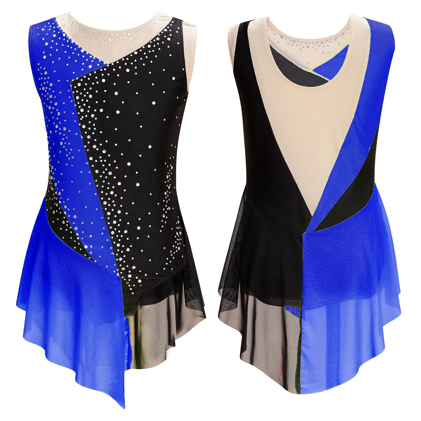 Stretchy girls' leotard - rhinestone mesh yoke, sleeveless, polyester, nylon, elastane, for lyrical dance performance