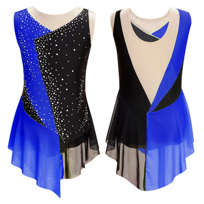 Stretchy girls' leotard - rhinestone mesh yoke, sleeveless, polyester, nylon, elastane, for lyrical dance performance