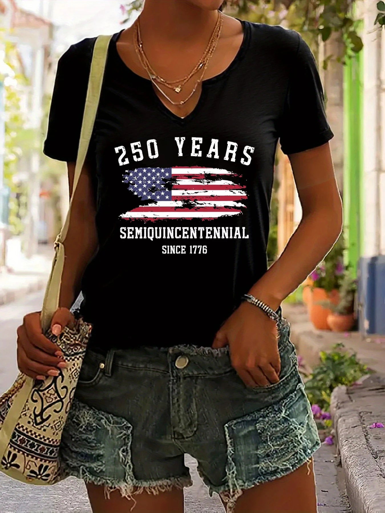 Soft Women's V-Neck T-Shirt - Short Sleeve, Patriotic Semiquincentennial Flag Print, Casual Top