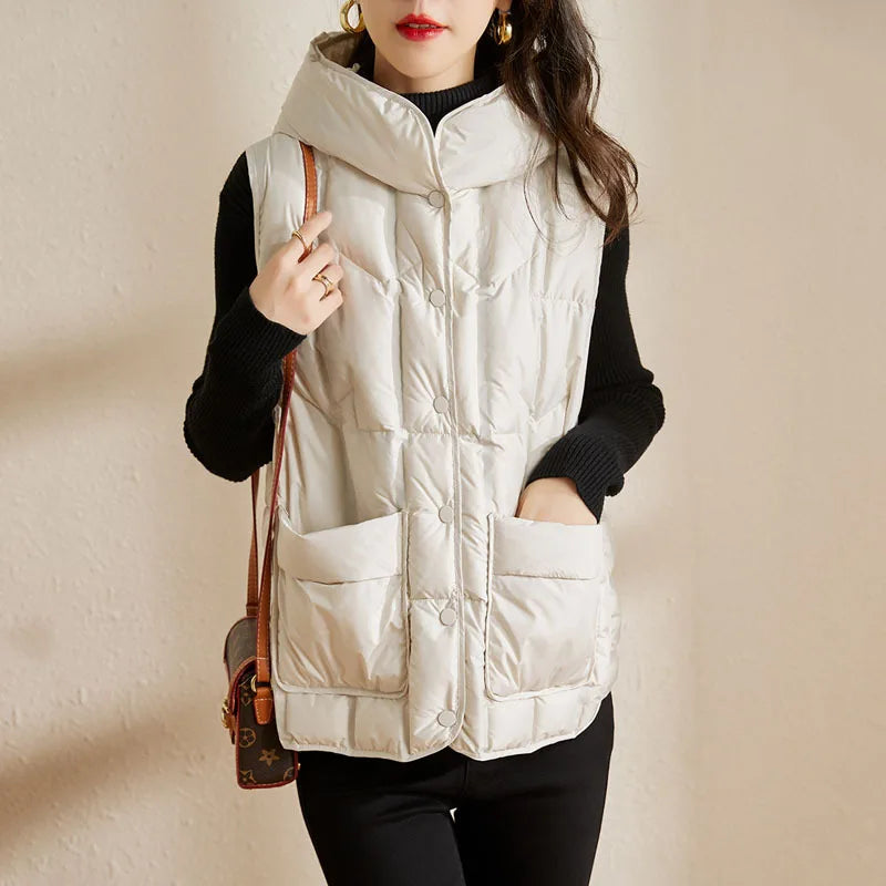 Lightweight Women’s Hooded Down Vest - Quilted Midlength