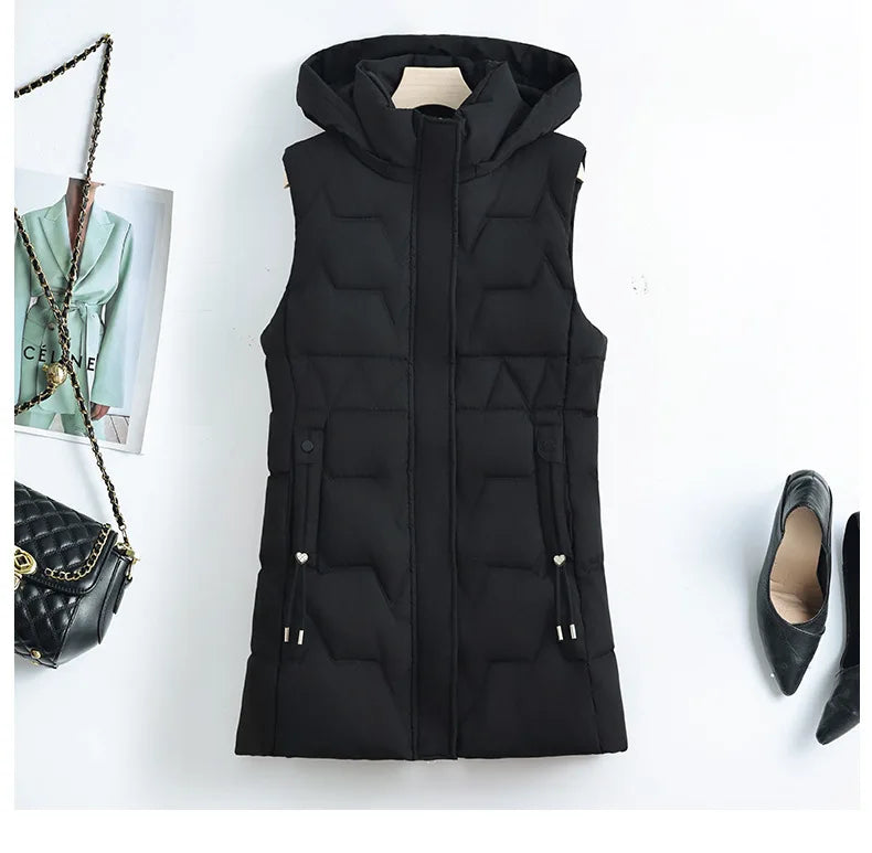 Lightweight Cozy Women Long Puffer Vest - Hooded Down