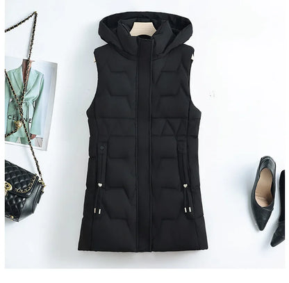 Lightweight Cozy Women Long Puffer Vest - Hooded Down