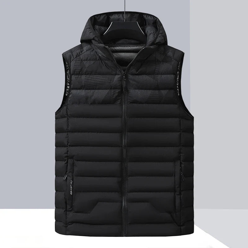 Warm Men’s Sleeveless Vest - Quilted Hood, Cotton Poly