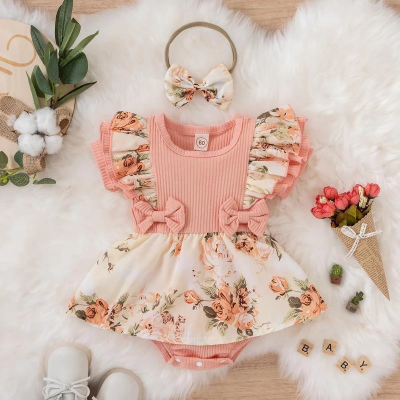 Vestito morbido per bambina - stampa floreale, dettagli con fiocco, cotone-elastan, abbigliamento estivo