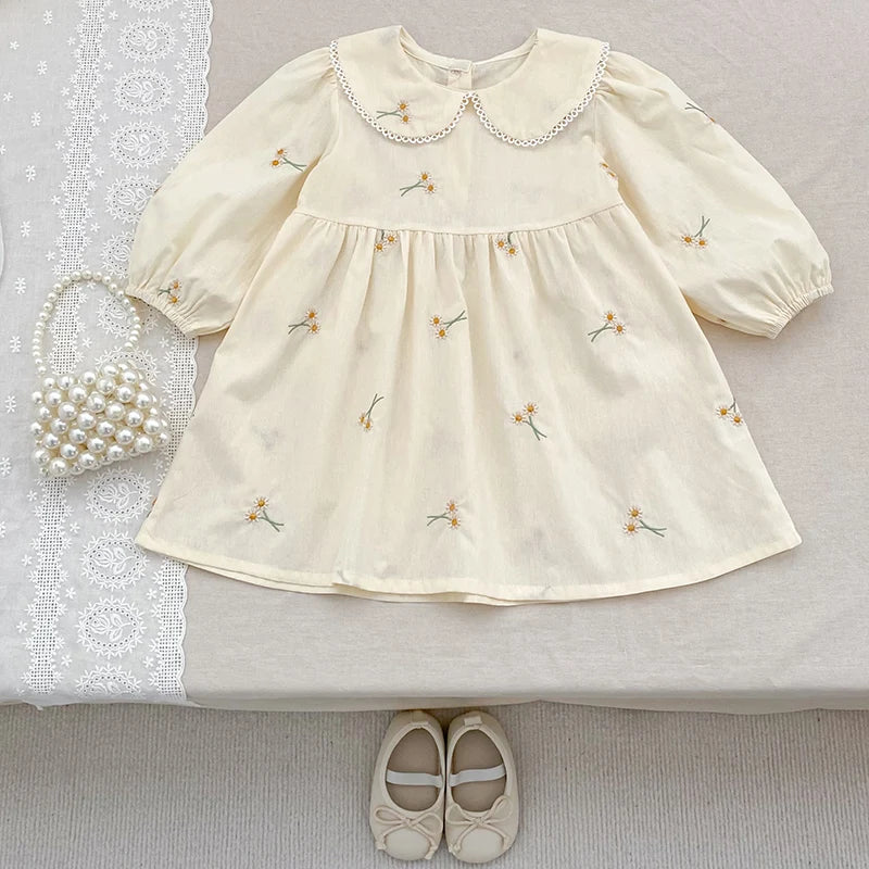 Soft, classic girls' dress - Peter Pan collar, cotton, floral embroidery, mid-calf length for spring
