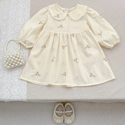 Soft, classic girls' dress - Peter Pan collar, cotton, floral embroidery, mid-calf length for spring
