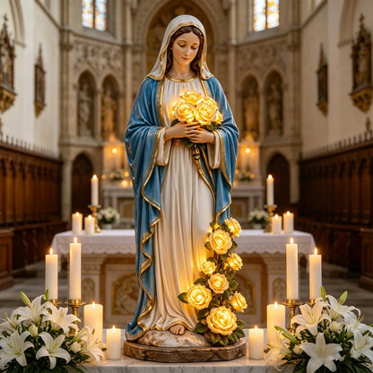 Virgin Mary Statue 7.87 Inch Outdoor Resin Garden Decor With Lighting Roses Religious Figurine Mother's Day Gift