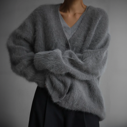 Weicher Gemütlicher Damen-Cardigan - Oversized V-Ausschnitt, Flauschiger Strick