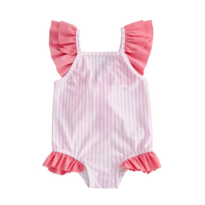 Breathable Baby Girls Swim Romper - Striped Print, Flutter Sleeves, Polyester-Elastane Blend, For Pool and Beach