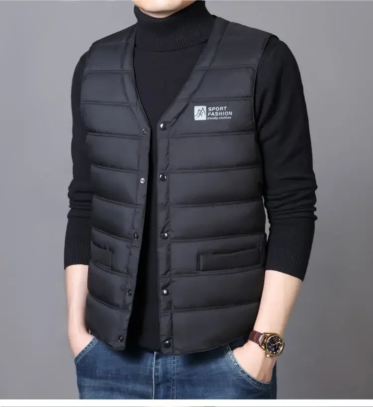 Warm Men's Down Vest - V Neck Quilted Cotton, Winter