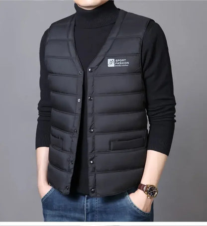 Warm Men's Down Vest - V Neck Quilted Cotton, Winter