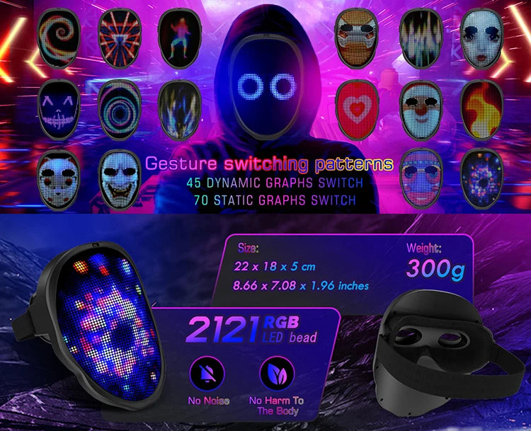 LED-masker met slim display, Bluetooth, app-programmeerbaar en gebarenbediening, 2074-LED Halloween-feestmasker 2026