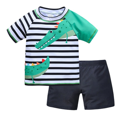 Quick-Dry Boys Swimwear - Two-Piece Cartoon Print Set, Polyester/Nylon/Spandex, Summer Beachwear
