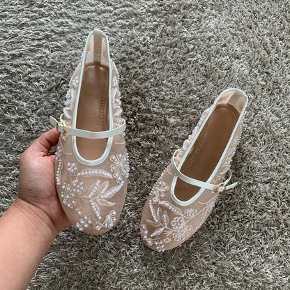 Breathable Women Ballet Flats - Mary Jane Mesh, Embroidered