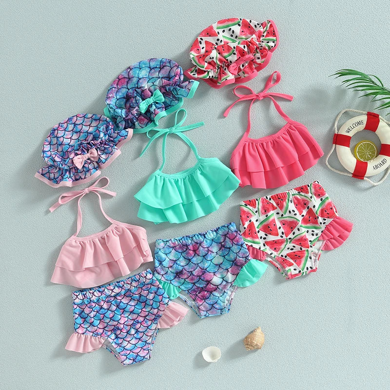 Costume bikini morbido per ragazze - top corto con volant e collo allacciato, stampa squame di sirena, pantaloncini, poliestere, per vacanze estive