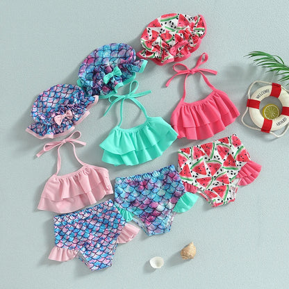 Costume bikini morbido per ragazze - top corto con volant e collo allacciato, stampa squame di sirena, pantaloncini, poliestere, per vacanze estive