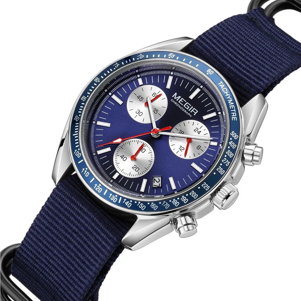Reloj cronógrafo de cuarzo con correa de nylon azul resistente al agua