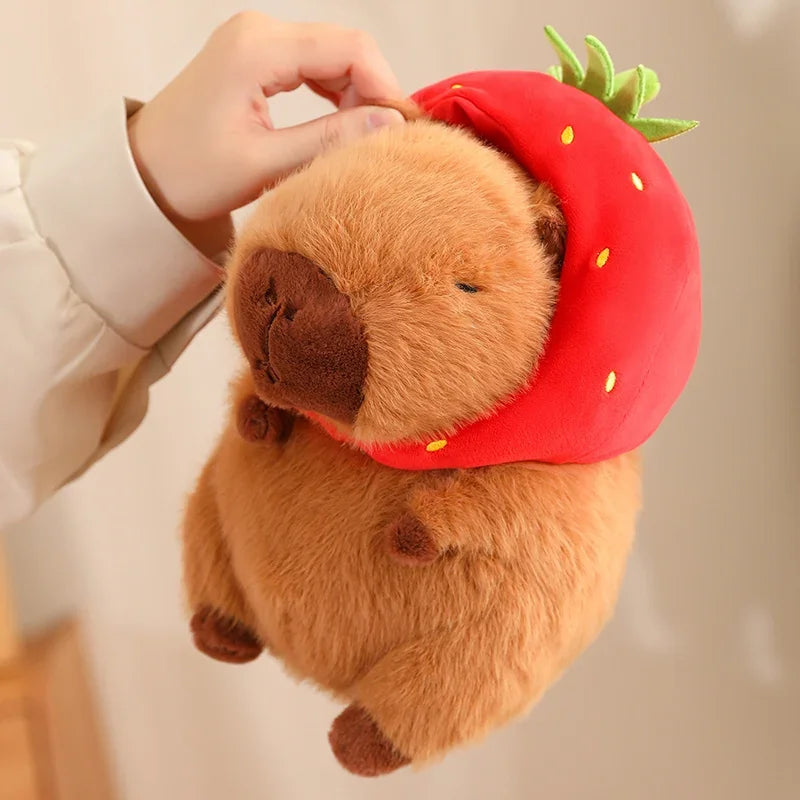 Kawaii Capybara Plush Toy - Fluffy Stuffed Animal with Turtle Bag & Strawberry Cap, Ideal Birthday Gift for Kids & Home Decoration